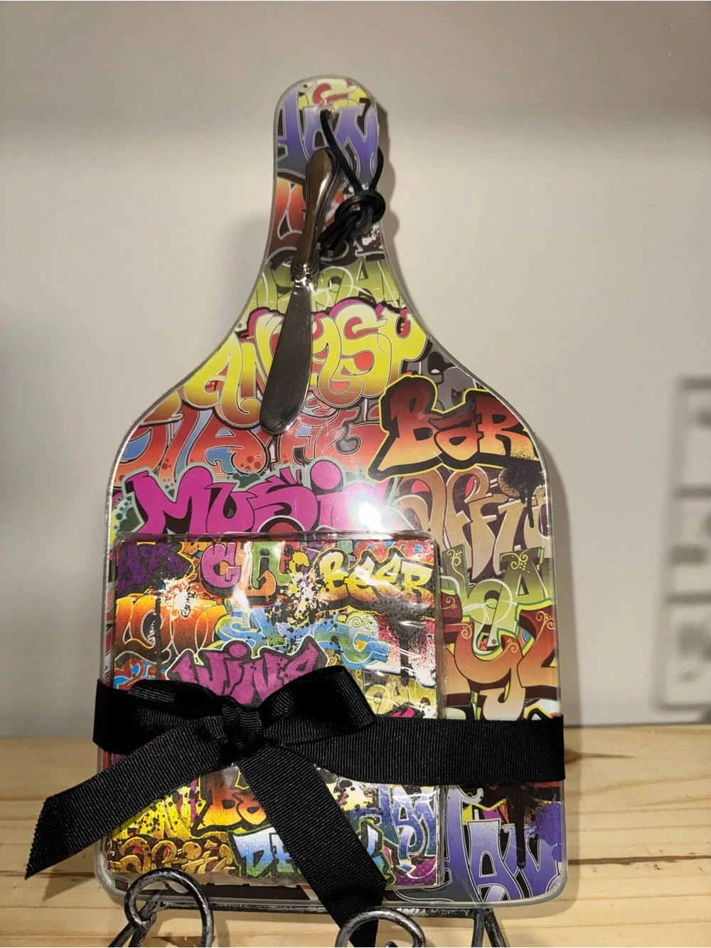 Graffiti-Print Cheese Serving Board Set with Knife and Napkins